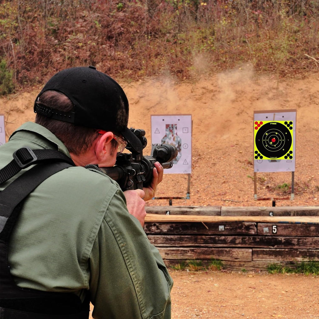 Bright Fluorescent Yellow Shooting Targets - Adhesive Splatter Design | 8x8 Inches (25/50/100 Pack)