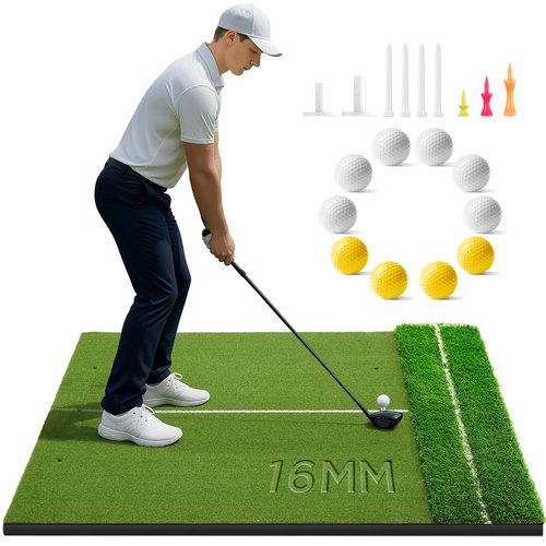 Golfguru Golf Mat 5x4ft-16mm Thickened Dual Turf Golf Hitting Mat with Alignment Aid, Dense Elite Mats Practice Outdoor Indoor, Chipping Training Matt for Backyard Garage Driving Simulators