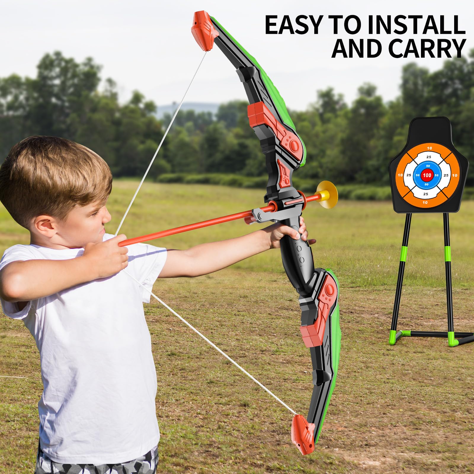 TEMI Bow and Arrow Set for Kids 4-8,Kids Archery Set with LED Lights Includes 10 Suction Cup Arrows, Quivers & Standing Target, Outdoor Toys for Boys & Girls Ages 3-12 Years Old