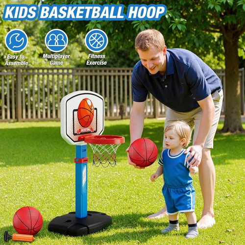 HYES Kids Basketball Hoop & T-Ball Set - Adjustable Height, Automatic Pitching Machine | Indoor/Outdoor Sports Toy for Ages 1-5, Blue