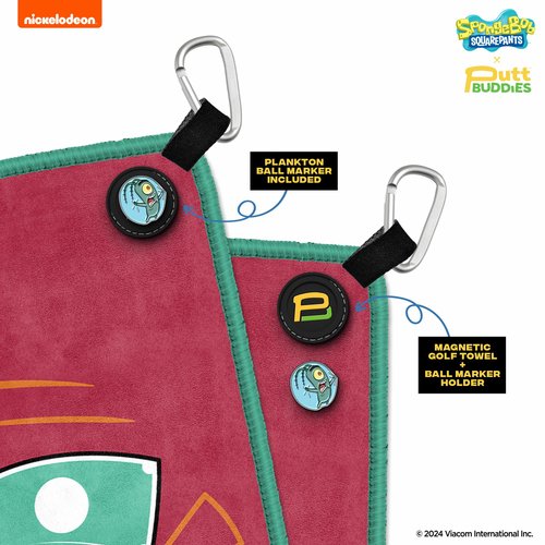 PuttBuddies Magnetic Golf Towel - Krusty Mr. Krabs, Attachable Plankton Ball Marker, Ultra-Absorbent Double Sided Microfiber Cleaning Towel - Officially Licensed Spongebob Golf Collection