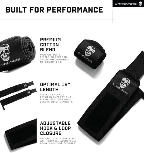 Gymreapers Weightlifting Wrist Wraps & Lifting Straps Combo - Competition Grade Support with Thumb Loop & Padded Neoprene (Black)