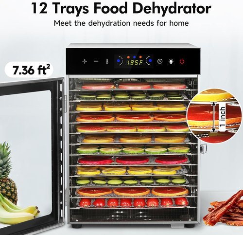 Food Dehydrator Machine - Skiennix 12 Stainless Steel Trays | 1000W with 24H Timer & 195℉ Control for Jerky, Fruits, & Herbs