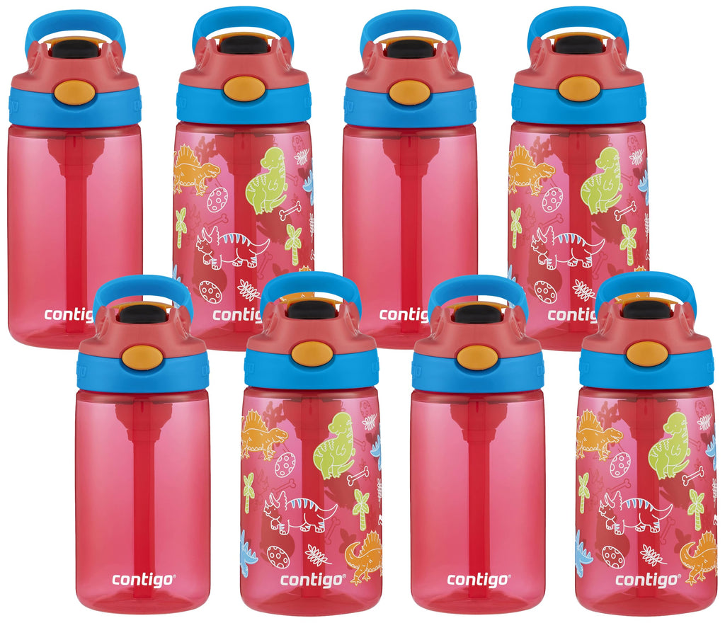 Contigo 14oz Kids Cleanable Water Bottle with Silicone Straw and Spill-Proof Lid, 8-Pack in Watermelon & Dinos, Dishwasher-Safe