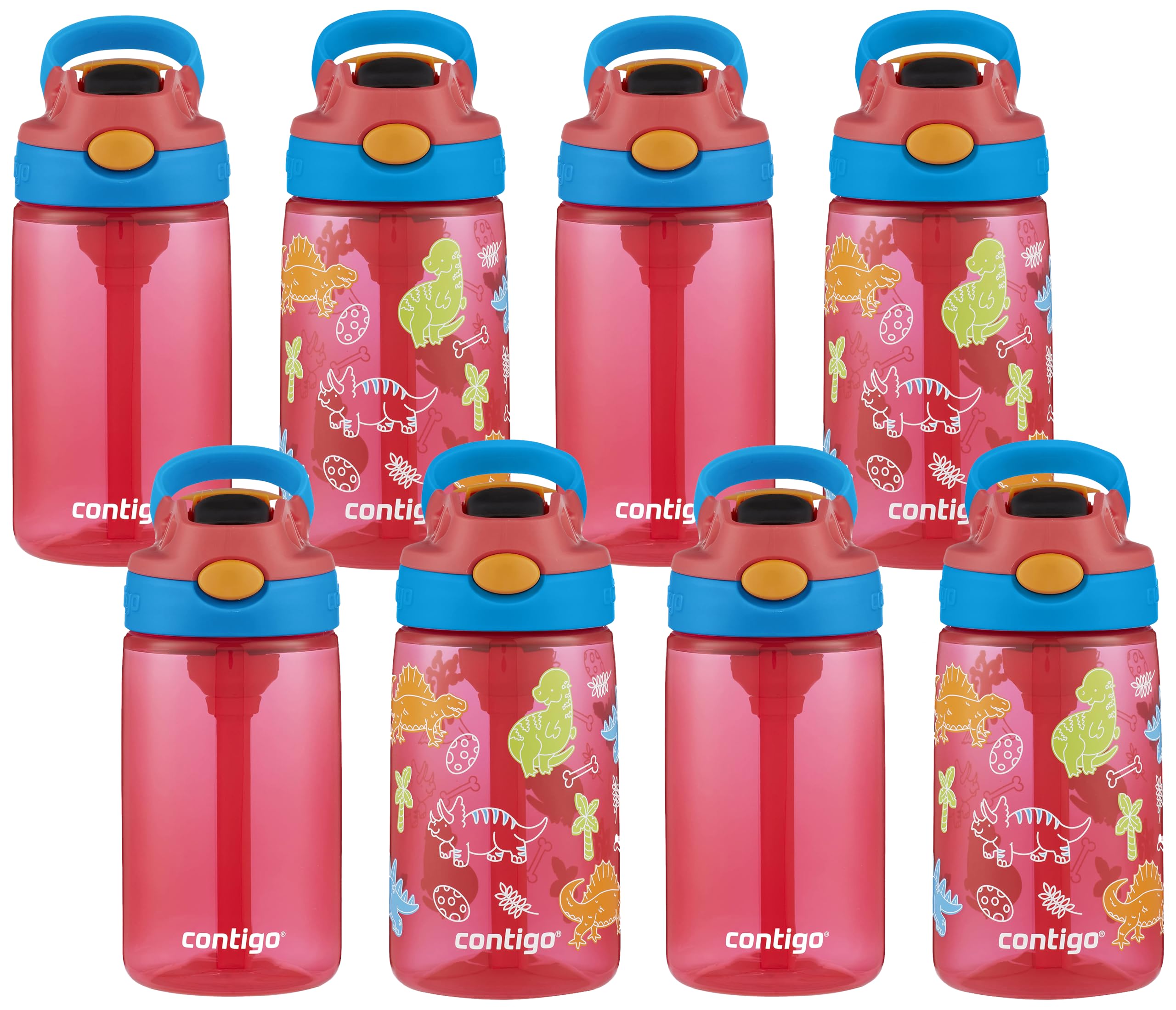 Contigo 14oz Kids Cleanable Water Bottle with Silicone Straw and Spill-Proof Lid, 8-Pack in Watermelon & Dinos, Dishwasher-Safe