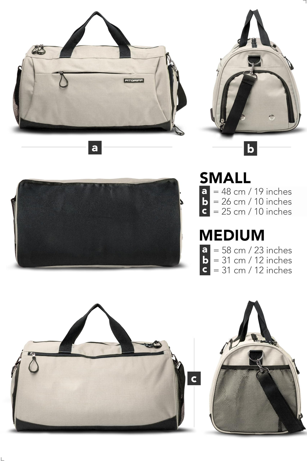 Fitgriff® Gym Bag for Men & Women with Shoe & Wet Compartment - Duffle Bag for Travel, Sports, Fitness & Workout (Beige, 23 x 12 x 12″ (Medium))