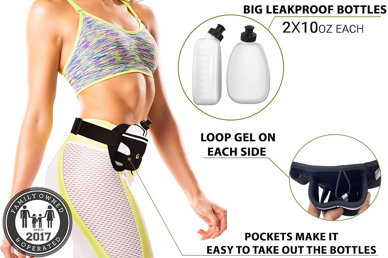 Hydration Running Belt with 10 oz Bottles - Blue, 25-33 Inch Waist - Phone Pocket for All Phones