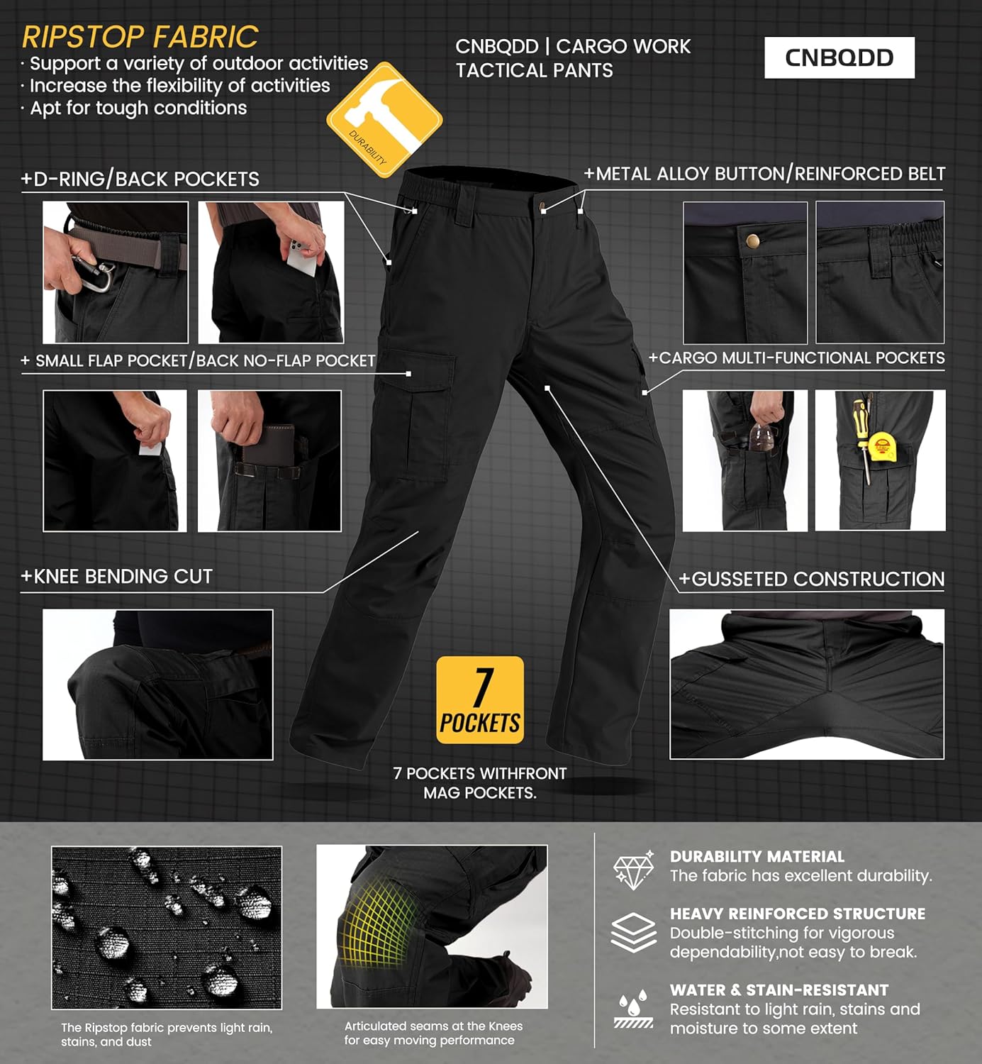 Skiennix Men's Ripstop Waterproof Cargo Pants - Tactical Hiking Pants with 7 Pockets