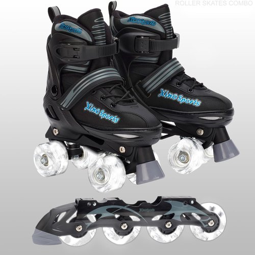 Xino Sports 2 in 1 Adjustable Combo Skates - Pro Quality - Beginner Friendly with Illuminating LED Light-Up Wheels, Interchangeable Skates for Boys & Girls for Indoor and Outdoor Use (Gray,XL 9-12)