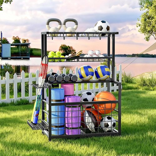 HOOBRO Ball Storage Rack - Heavy Duty Garage Organizer with Hooks & Basket | Black, Ideal for Outdoor & Basement