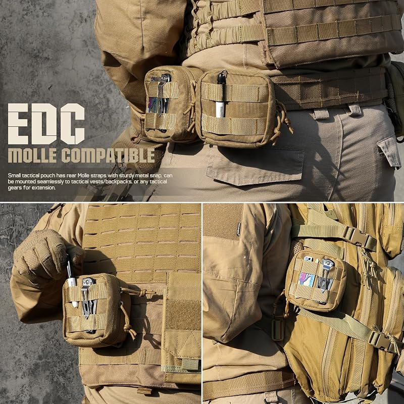 2 Pack Small Molle Pouch Mini Tactical EDC Belt Pouches - Khaki