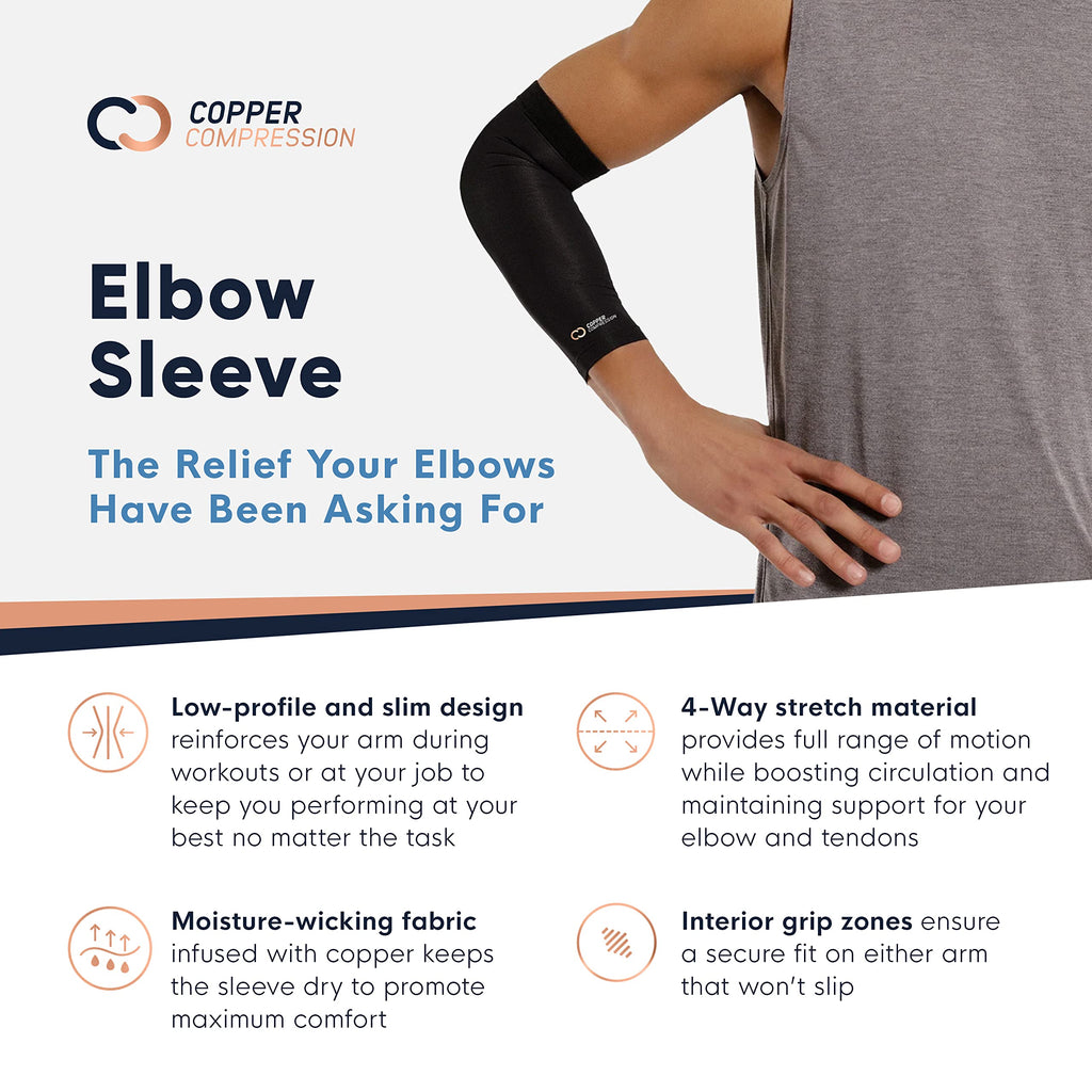 Copper Compression Elbow Sleeve - Copper Infused Orthopedic Brace for Tennis & Golfer Elbow, Tendonitis, Arthritis, Bursitis, Sore Joints & Muscles - Fits Men & Women -1 Sleeve - Original/Black - M