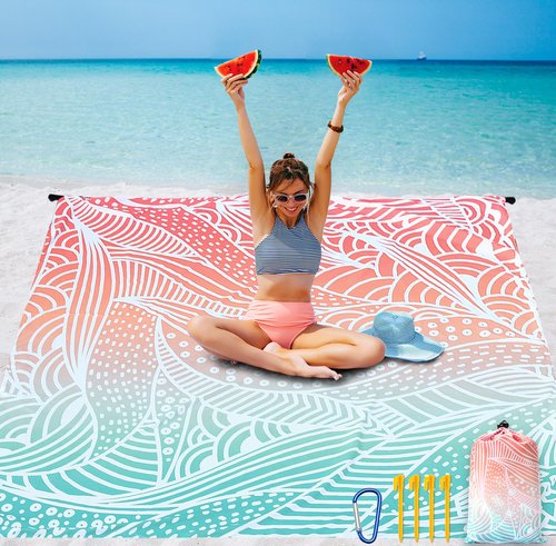 AISPARKY Beach Blanket Waterproof Sandproof Lightweight Durable Compact Sand Free Beach Mat for Beach Festival Travel Camping Hiking Picnic (Gradiant P&GN-Ripple, 79"×83"(4 Person))