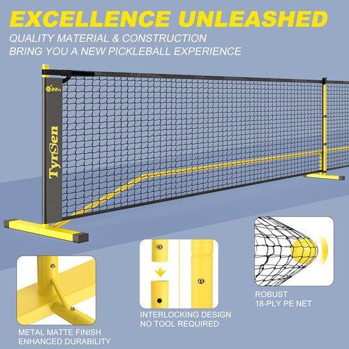 TYRSEN Pickleball Set with Net, 22 FT & Half Court 11 FT Pickleball Net, 4 Fiberglass Rackets, Portable Pickleball Set, Pickle Ball Net System with Carrying Bag for Court, Driveway, Backyards