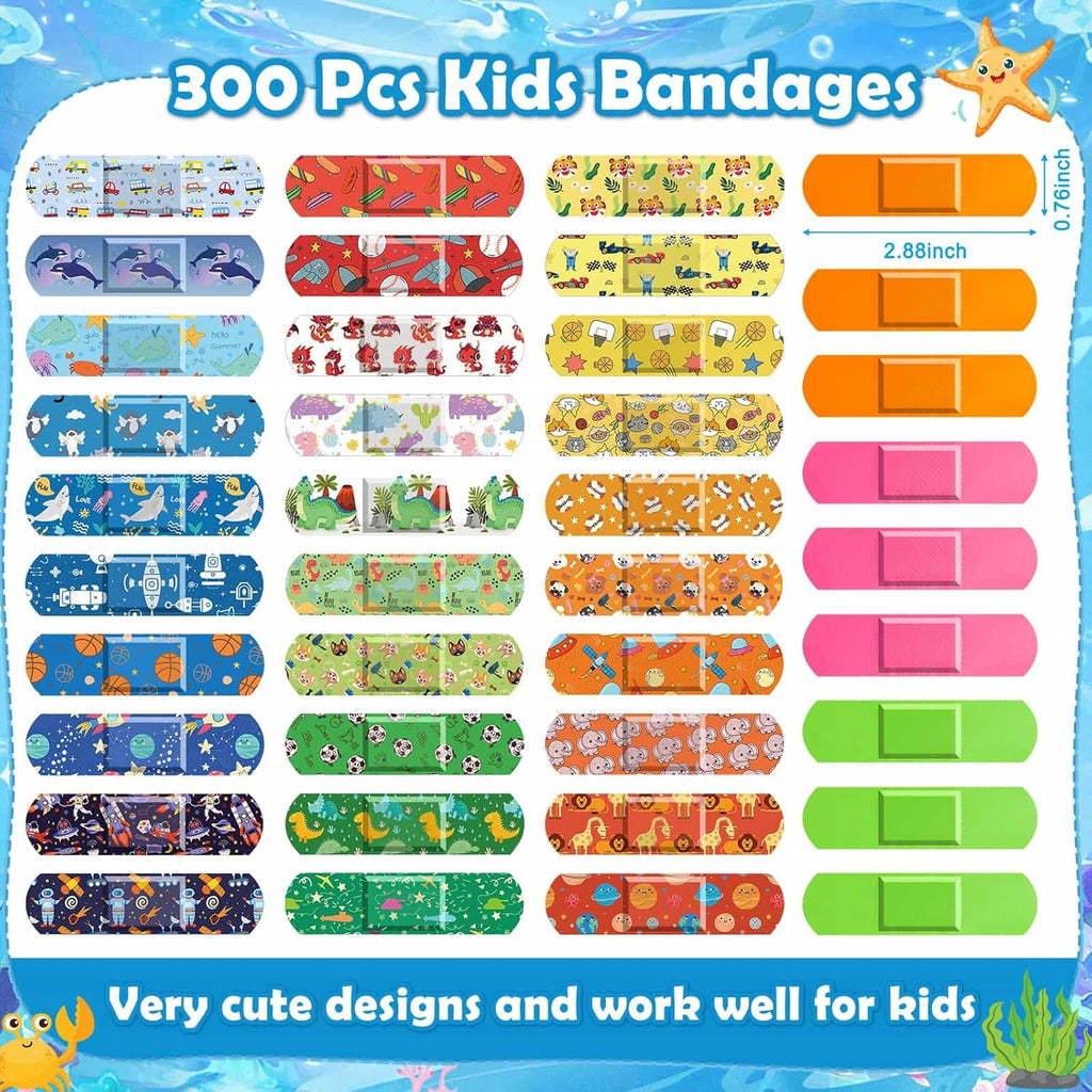 Sublaga Kids Cartoon Bandages - 300 Pcs Colorful Waterproof Adhesive Bandages for Toddlers & Children