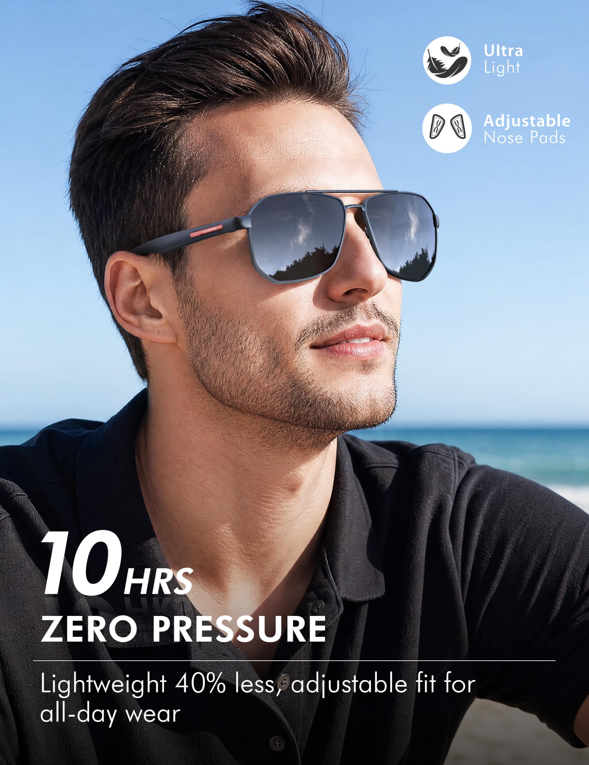 LUENX Aviator Sunglasses for Men Square Polarized Polygon Lens - UV 400 Protection with Accessories Driving Outdoor