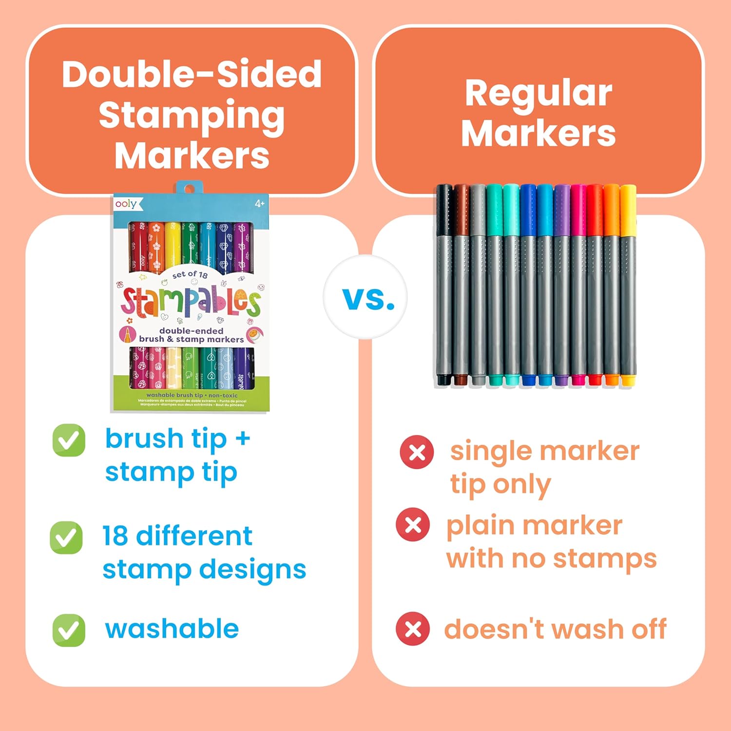 Ooly 18 Double-Sided Stamping Markers - Versatile Brush Tip & Stamp for Creative School Supplies