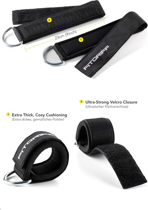 Fitgriff® Ankle Straps V2 - Leg Pulley Attachment for Cable Machine | 2-Piece Kickback Straps for Gym Workouts