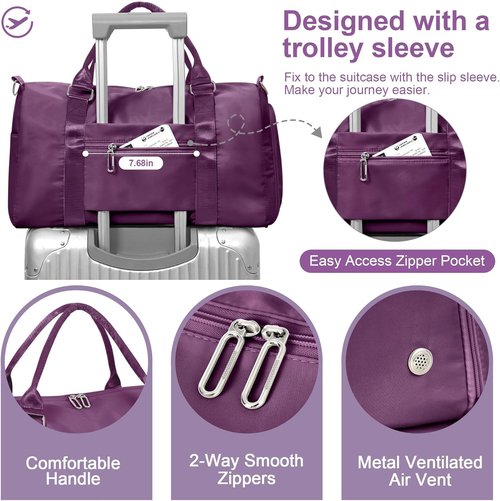 FIORETTO Women's Gym Tote Duffle Bag - Wet Pocket & Shoe Compartment | Dark Purple Sports Weekender