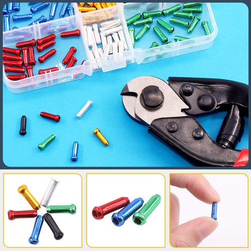 Glarks 121pcs Bike Cable End Caps & Cutter Set, 120pcs 6 Colors End Crimps with Stainless Steel Wire Rope & Aircraft Bicycle Cable Cutter Up to 5/32