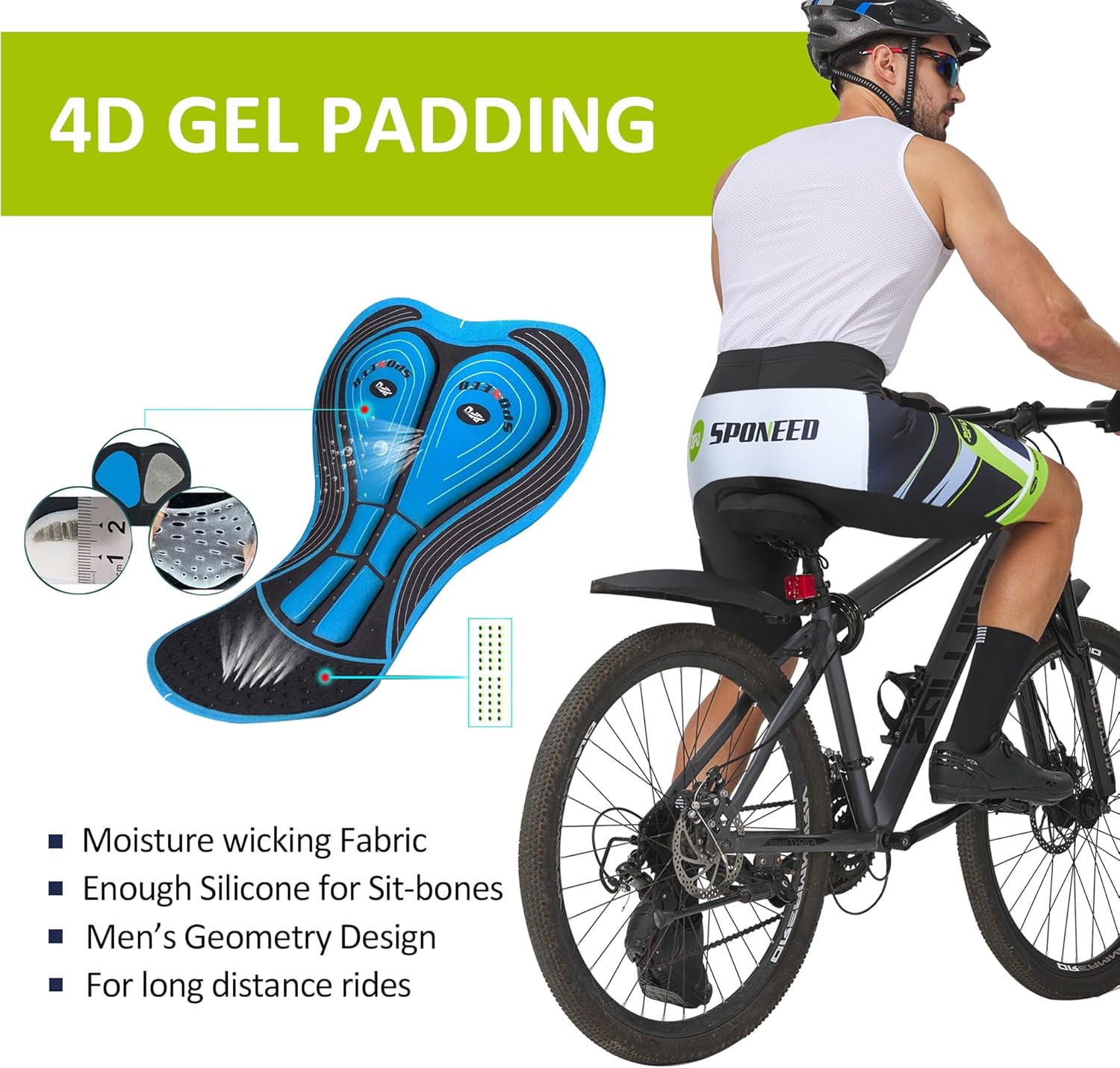 Sponeed Men's Cycling Shorts - Gel Padded Biking Pants for Comfortable Road Rides