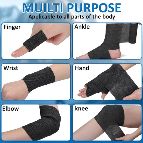 TOBWOLF 12PCS Self Adherent Bandage, 4" x5yd / 10cmx4.5m Cohesive Elastic Bandage Wrap, Breathable Sports Tape for Wrist Ankle Knee Leg Sprains Swelling - Black