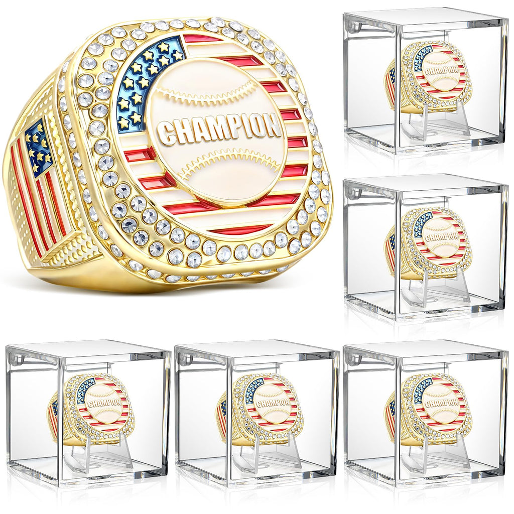 Landical 6 Set Baseball Championship Ring with Display Case and Stand Holder Championship Ring Case Acrylic Display Box and Holder Champion Trophy Rings for League Winner (Baseball,Gold)