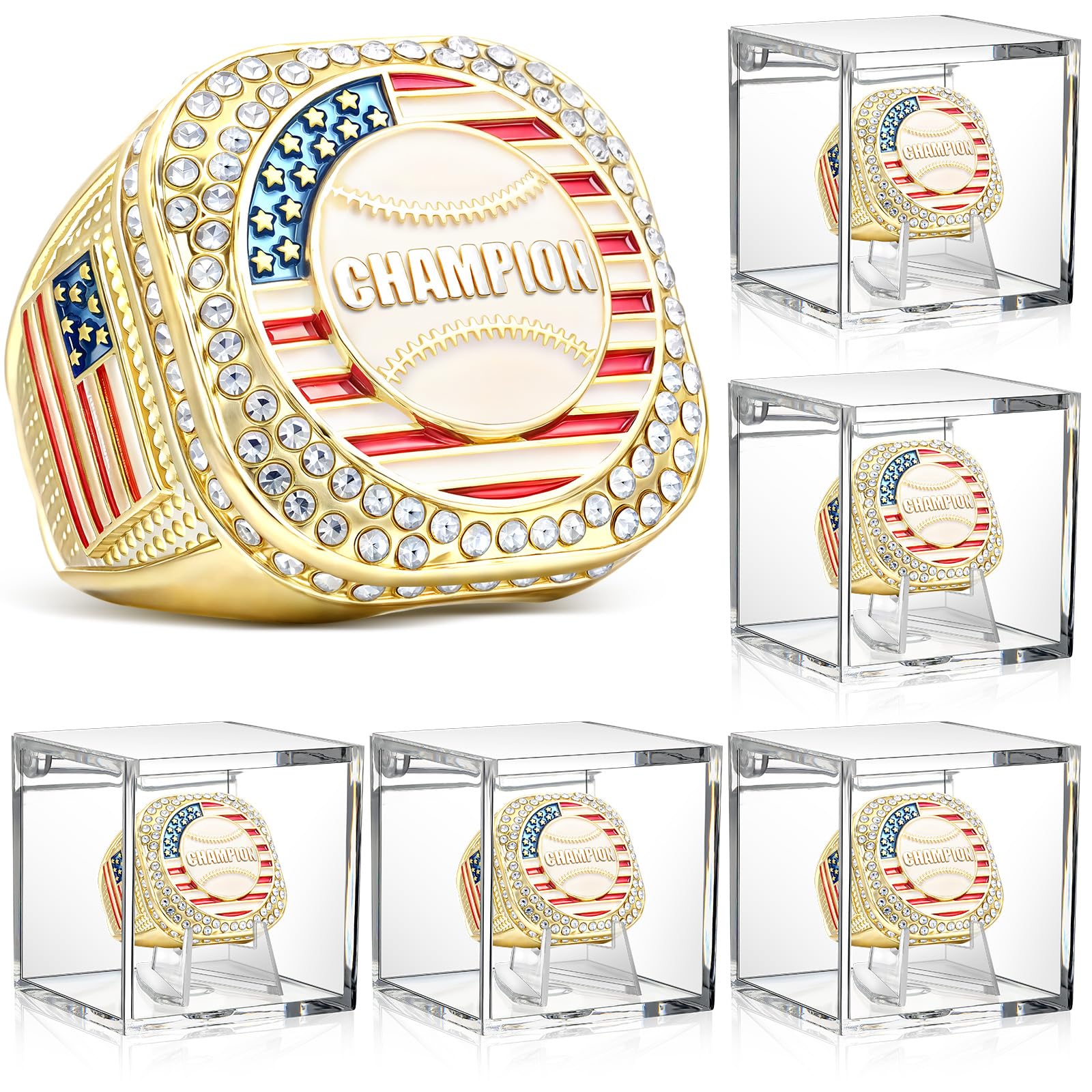 Landical 6 Set Baseball Championship Ring with Display Case and Stand Holder Championship Ring Case Acrylic Display Box and Holder Champion Trophy Rings for League Winner (Baseball,Gold)