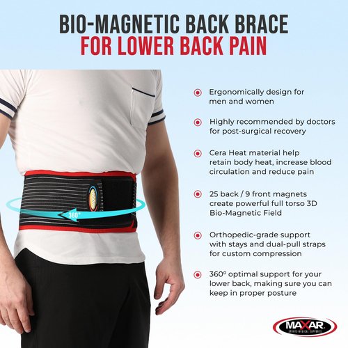 MAXAR Bio-Magnetic Back Brace for Lower Back Pain in Men & Women – Lumbar Support Belt w/ 34 Magnets & Far Infrared Cera Heat – Sciatica Relief, Herniated Disc, Scoliosis Support, Posture Corrector