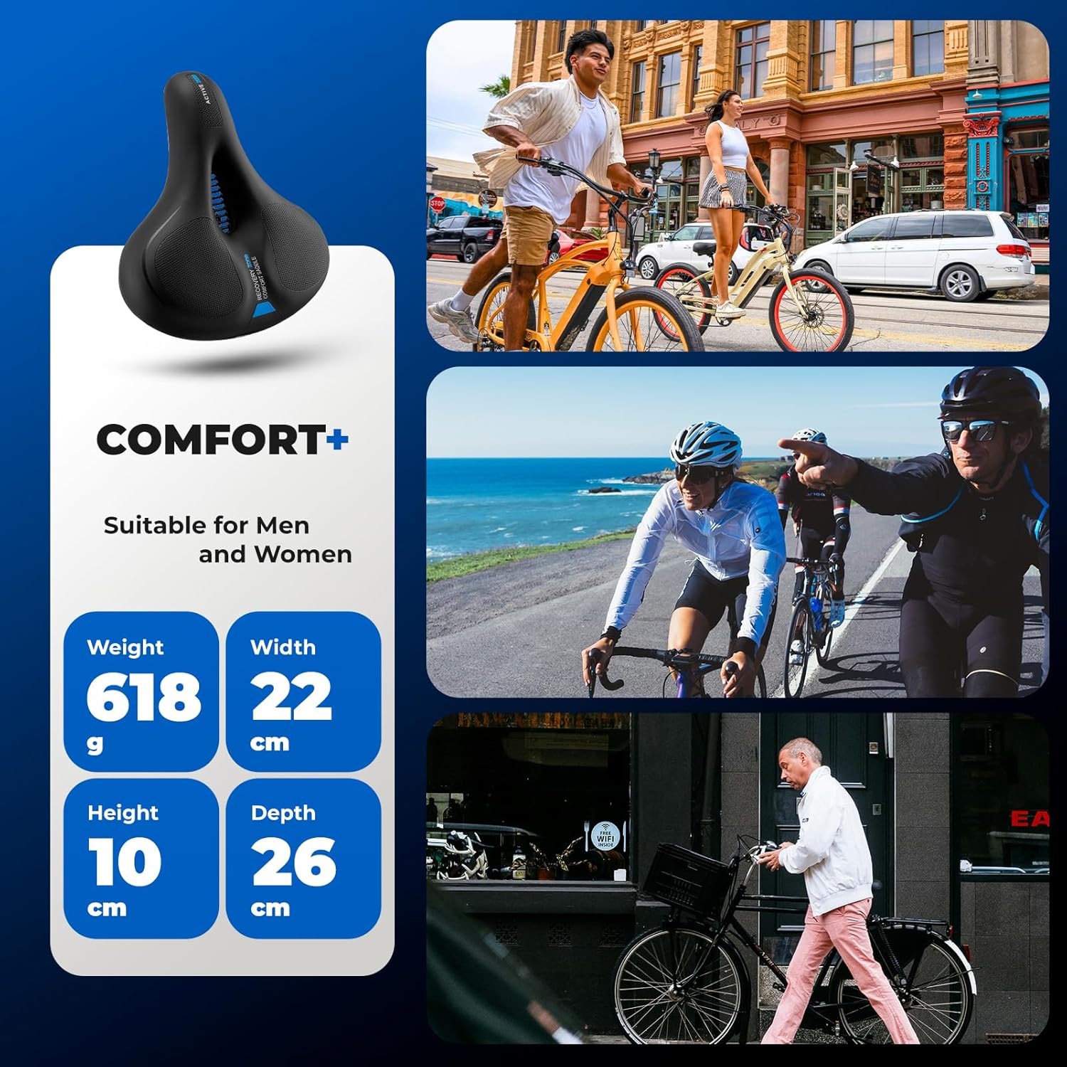 ROCKBROS Bike Seat Cushion - Ergonomic Memory Foam with Dual Shock Absorption | Waterproof & Portable for Peloton and Road Bikes