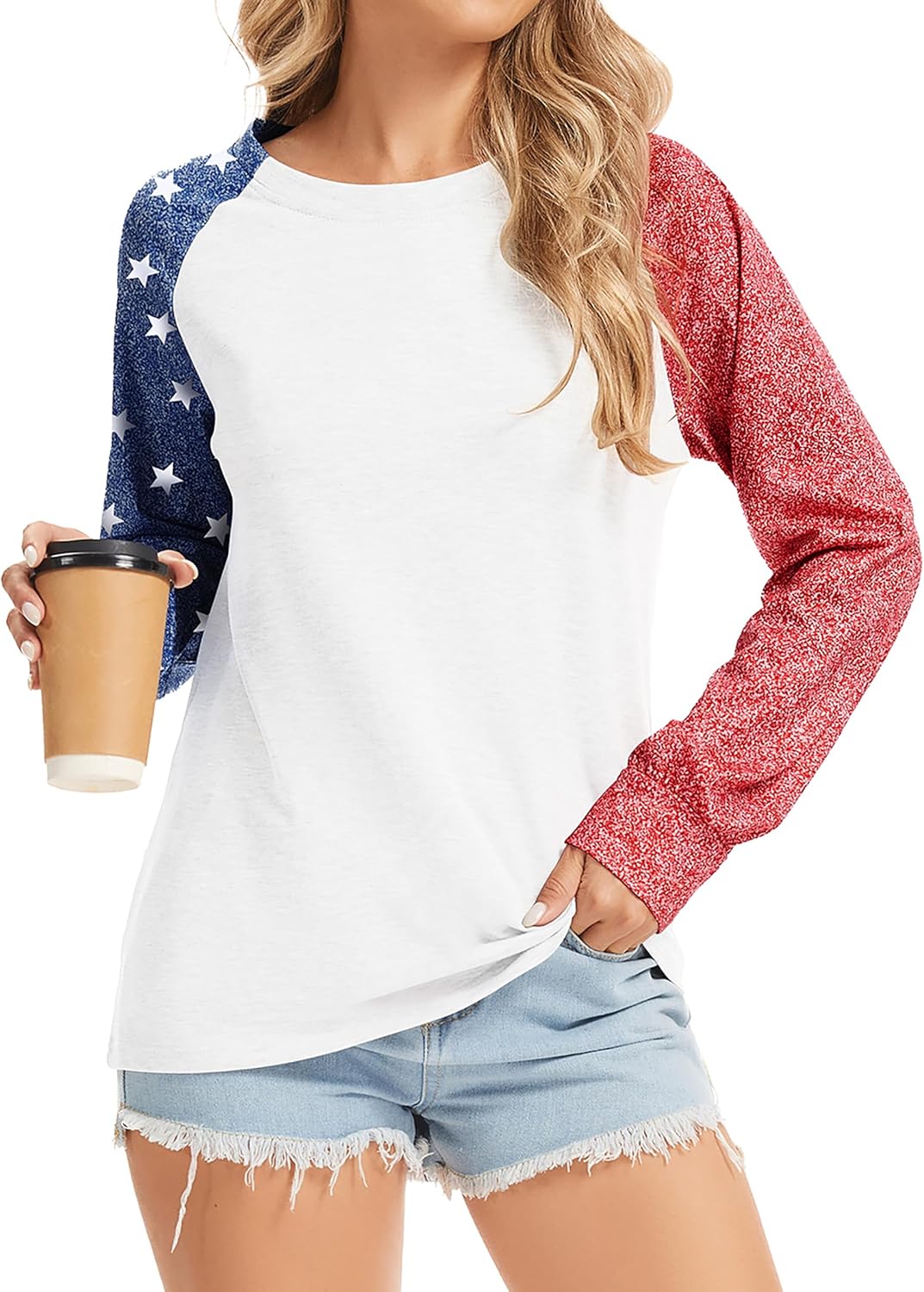 TSMNZMU Women's Star Print Colorblock Shirt - Long Sleeve American Flag Blouse for 4th of July