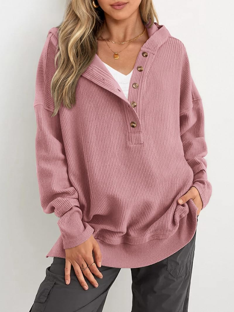PrettyGarden Womens Oversized Button-Down Hoodie Sweatshirt Grey Pink Medium