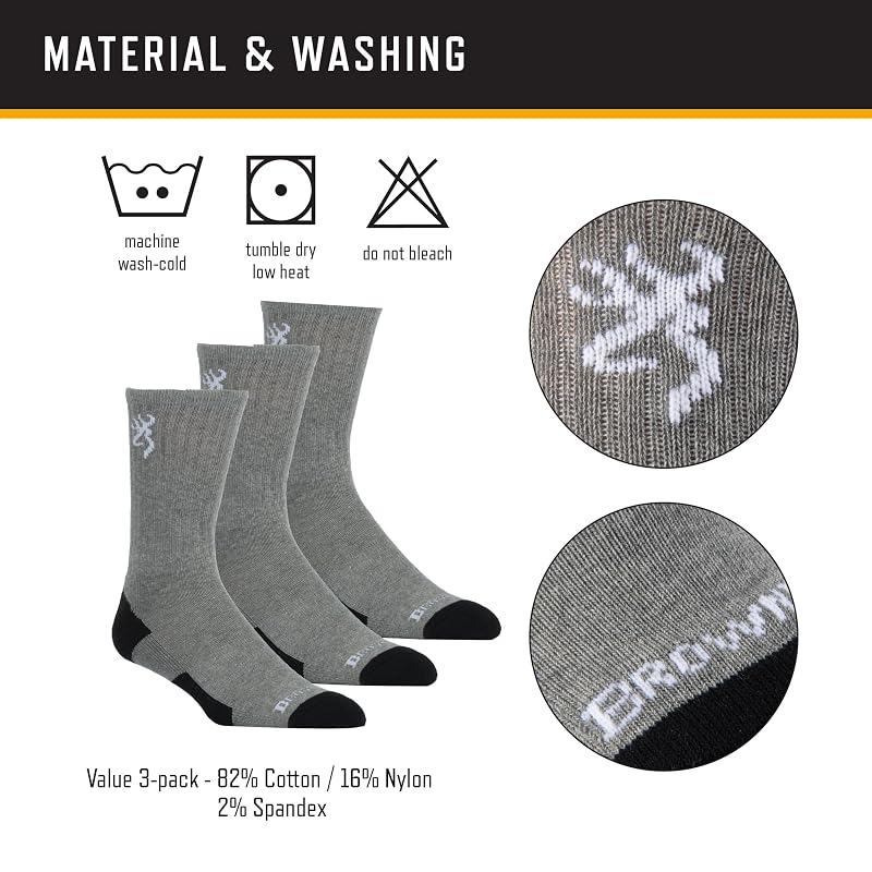 Browning 3-Pack Everyday Crew Socks Heather Gray Size Large