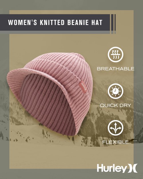 Hurley Women's Caylin Beanie Hat - Medium Fit Thick Ribbed Cable Knit with Fixed Cuff and Visor - Winter Hats for Women, Mauve