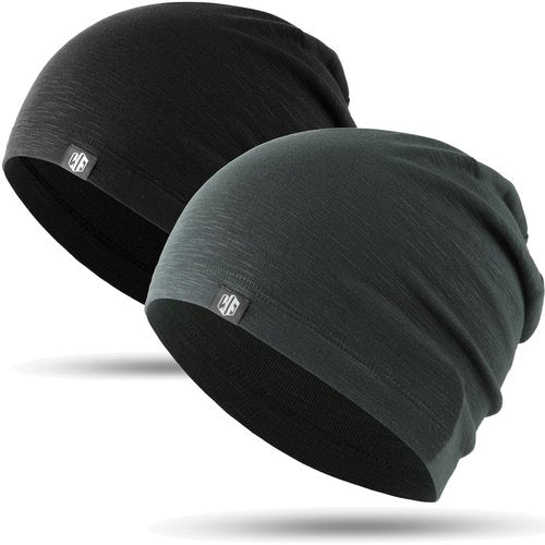 Justrideon 2 Pack Slouchy Beanie for Men & Women, Bald Skull Cap Chemo Cap for Men Soft Comfortable Lightweight for Sleep Fitness Running Hiking Workout Daily Casual Black Gray