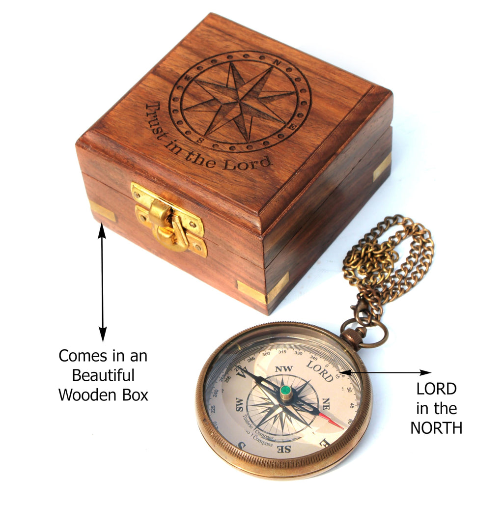 Trust in The Lord with All Your Heart -Proverbs 3: 5-6 Quote Engraved Compass with Wooden Box, Baptism Gifts for Boys, Inspirational Gifts Men, Graduation Day Gifts, First Communion Gifts