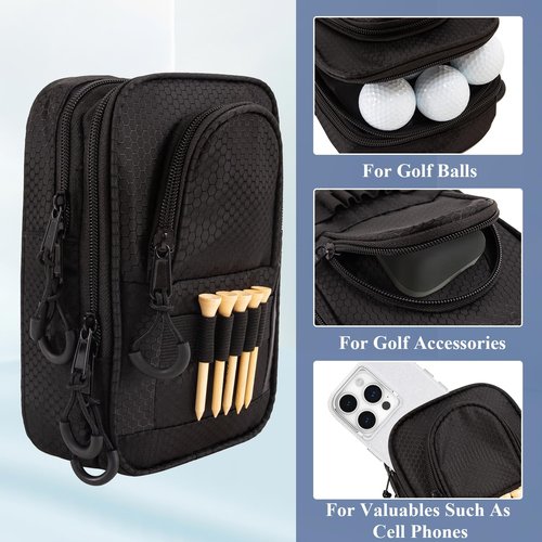 Golf Valuables Pouch for Men, Golf Balls Bag,Store 12-15 Balls,Using Waterproof Honeycomb Material, Holder for Golf Bag, Golf Storage Bags with Multiple Pockets, Golf Bags for Men & Women (Black)