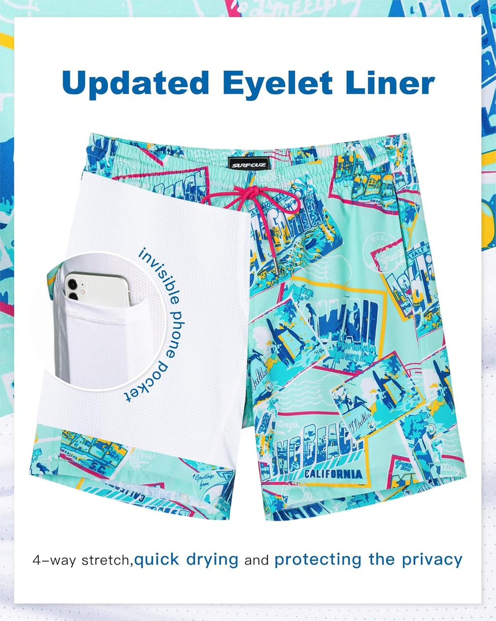 SURF CUZ Mens Swim Trunks with Compression Liner Swim Shorts 7" Swimming Trunks Stretch 7 Inch Swim Suits Quick Dry