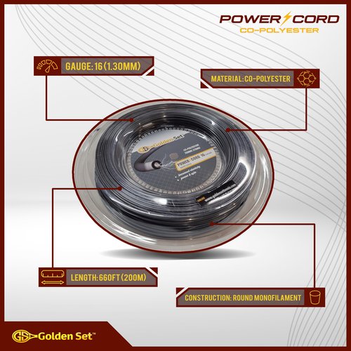 Golden Set Power Cord 16g (1.30mm), Reel (660ft/200m), Polyester Tennis String (Dark Grey)