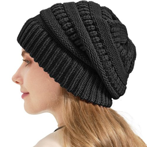 Cable Knit Slouchy Beanie for Women, Wool Winter Warm Womens Beanies, Trendy Oversized Slouch Hat Skull Ski Cap Hats Black
