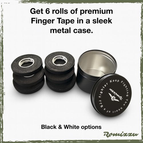 Romizzu Finger Tape BJJ Jiu Jitsu Grappling Wrap Breathable Cotton Non Slip Athletic Support 6 Rolls 8m x 8mm with Metal Case Black White