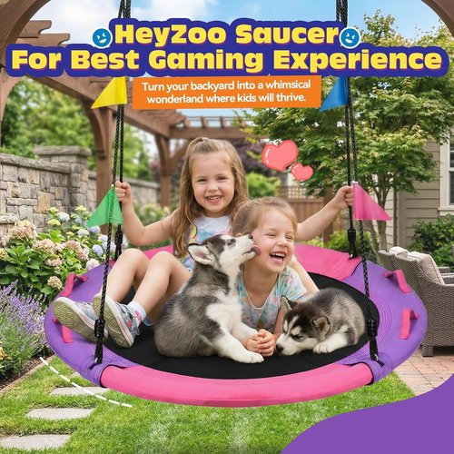 HeyZoo 43-Inch Saucer Swing - 900lbs Capacity with 360° Swivel & Adjustable Strap | Pink & Purple
