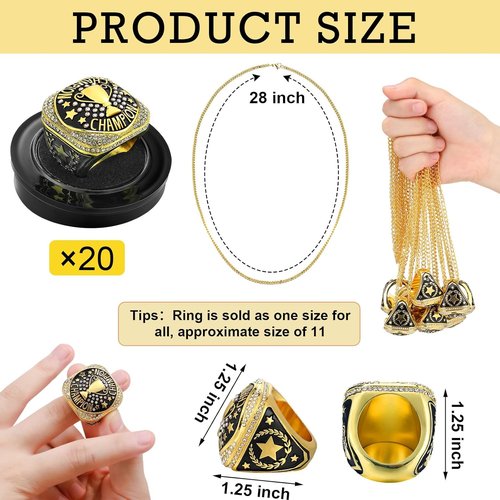Highergo Championship Rings Set - 20 Pcs Sports Trophy Rings with Display Chain & Stand | Perfect for Awards