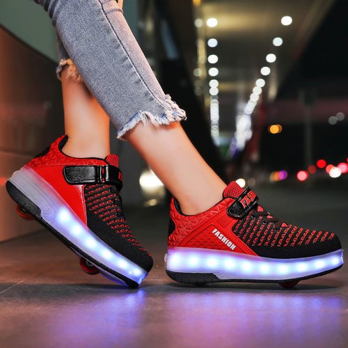 Ufatansy Rechargeable Boys LED Shoes Roller Skates Girls Roller Skate Shoes Kids LED Light up Wheel Sneakers Charging by USB Double Wheels for Kids(1 M US = CN32, Red)
