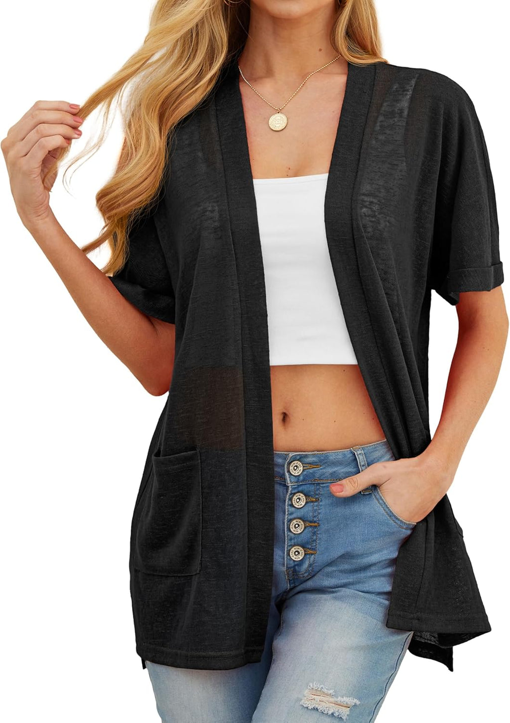 PrinStory Short Sleeve Cardigan - Lightweight Sheer Knit Cover-Up with Pockets | Casual Summer Style