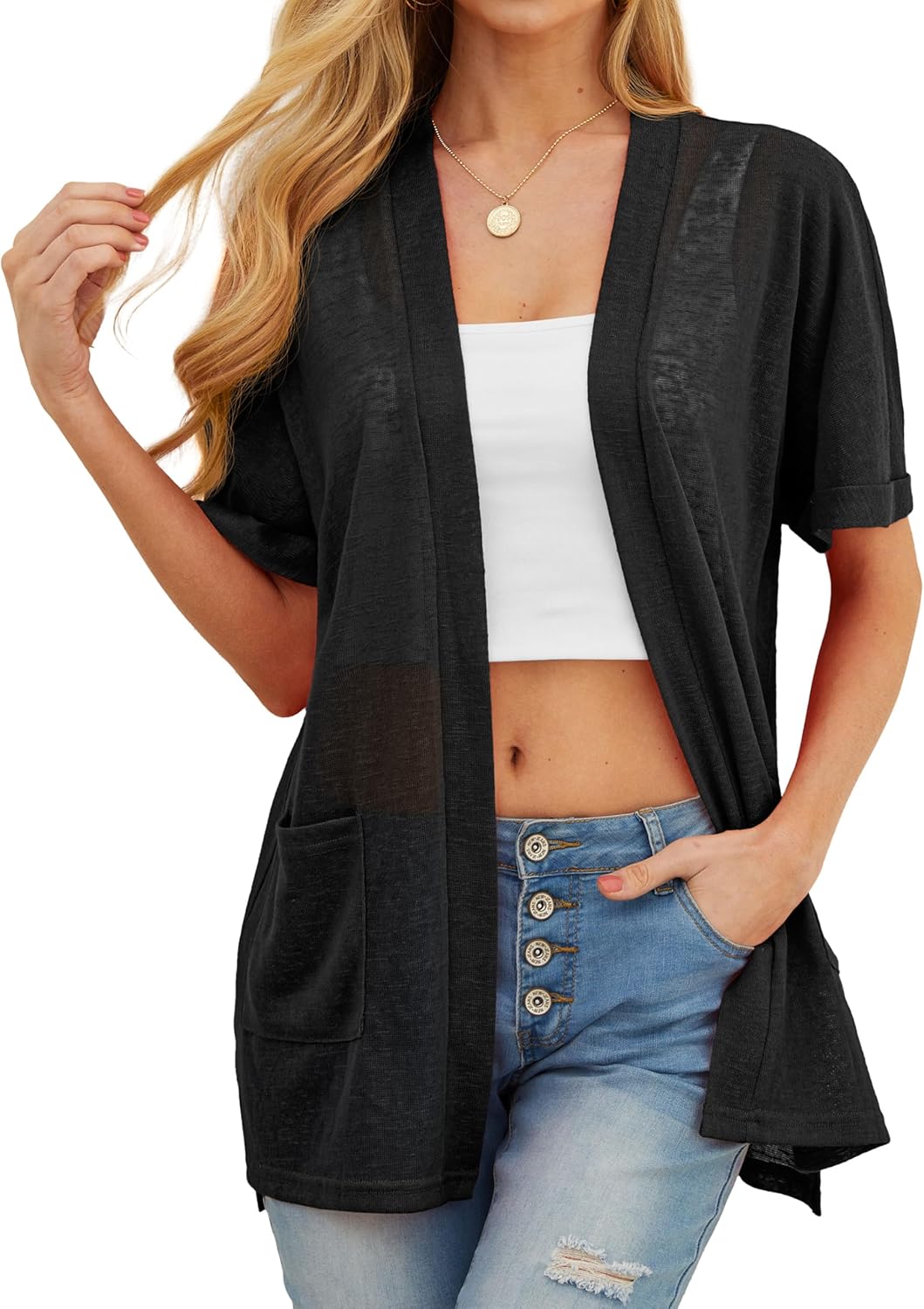 PrinStory Short Sleeve Cardigan - Lightweight Sheer Knit Cover-Up with Pockets | Casual Summer Style