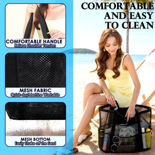 Fammart Mesh Beach Bag - Large Tote with Zipper Pocket for Family Travel & Pool Essentials