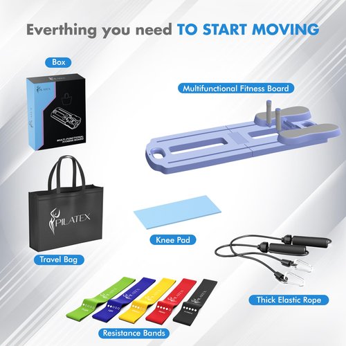 PILATEX Pilates Board – Foldable Pilates Reformer with Resistance Bands, Bar & Travel Bag – Full-Body Strength & Ab Training Equipment for Women & Men, 15 in 1 (Purple, Starter)