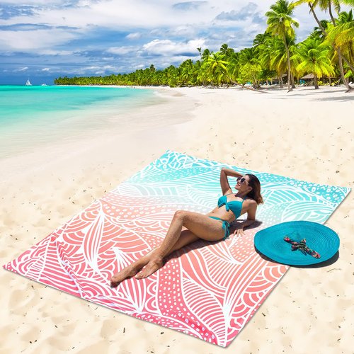 AISPARKY Beach Blanket Waterproof Sandproof Lightweight Durable Compact Sand Free Beach Mat for Beach Festival Travel Camping Hiking Picnic (Gradiant P&GN-Ripple, 79"×83"(4 Person))