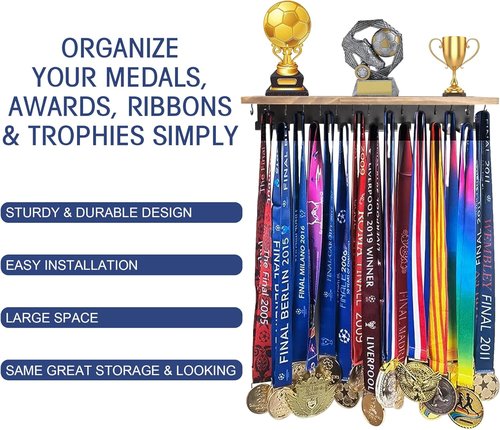 Defined Deco Medal Hanger - Wooden Trophy Shelf With 32 Hooks for Wall Mount Display | Ideal for Gymnastics, Soccer, Running Medals
